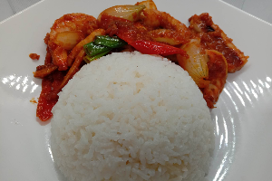 ผัดไข่แดงเค็มทะเลรวม + ข้าว Stir fried seafood mixed with salted yolk + Jasmine rice