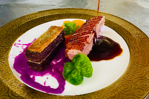 SMOKED DUCK ALONG WITH SWEET POTATO PIE,ORANGE PUREE AND ORANGE SAUCE