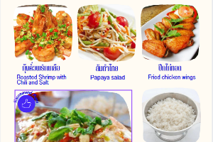 1. กุ้งกั่วพริกเกลือ    2. ส้มต้ม 3. ปีกไก่ทอด 4. ปลาทับทิมนึ่งมะนาว 5. โค้กขวดใหญ่ 1 ขวด 6. น้ำเเข็ง