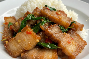 กะเพราหมูกรอบราดข้าว