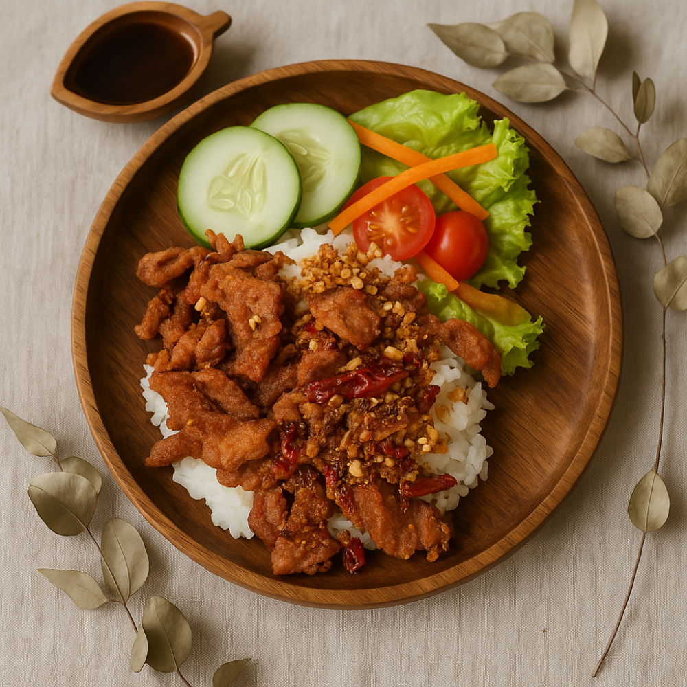 ข้าวหน้าสามชั้นคั่วพริกเกลือ