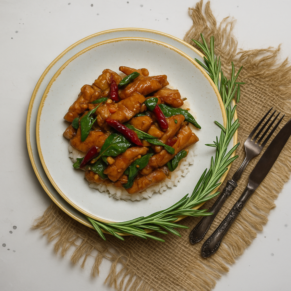 ข้าวกะเพราเนื้ออบบราวน์พริกแห้งรสจัด