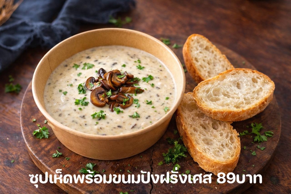 ครีมซุปเห็ดพร้อมขนมปังฝรั่งเศส (mushroom soup with baguette slices)