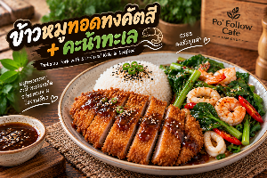 ข้าวหมูทอดทงคัตสึ + คะน้าทะเล
