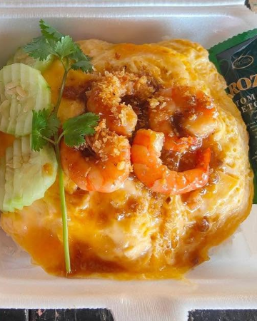 ข้าวไข่ข้นกุ้งกระเทียม+ซอสมะเขือเทศ